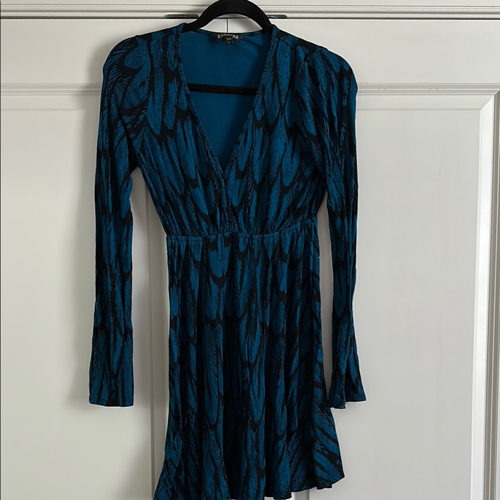 Express Blue/Black Bell Sleeve V-Neck Wrap Dress